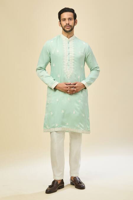 Shop Rng Safawala Blue Silk, Cotton Embroidery Kurta Set Shop_Rng Safawala_Blue Silk, Cotton Embroidery Kurta Set