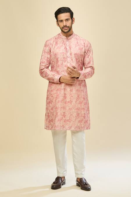 Rng Safawala_Pink Crepe, Silk Embroidery Printed Kurta Set _at_Aza_Fashions