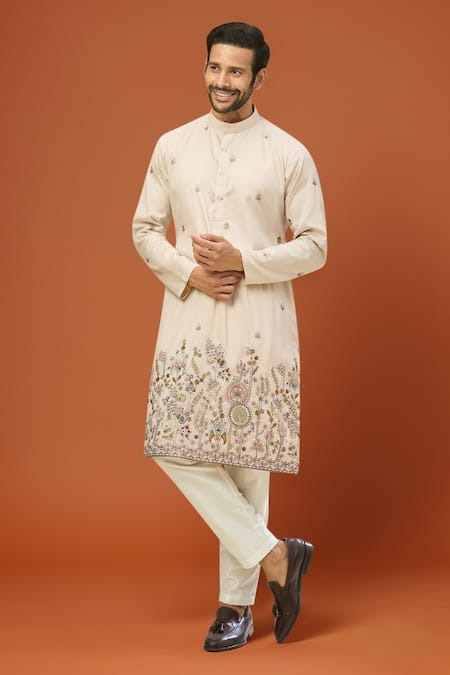 RNG Safawala Beige Crepe, Silk Embroidery Kurta Set 