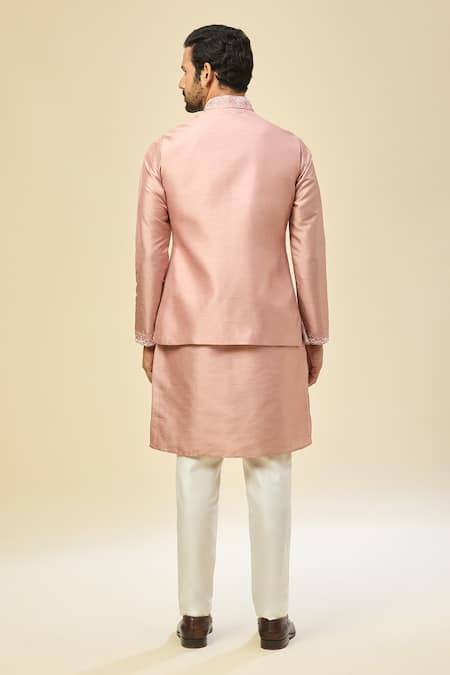 Rng Safawala_Pink Muslin, Silk Embroidery, Beads, Sequins Nehru Jacket Set _Online_at_Aza_Fashions