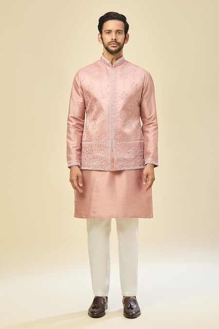 Rng Safawala_Pink Muslin, Silk Embroidery, Beads, Sequins Nehru Jacket Set _at_Aza_Fashions
