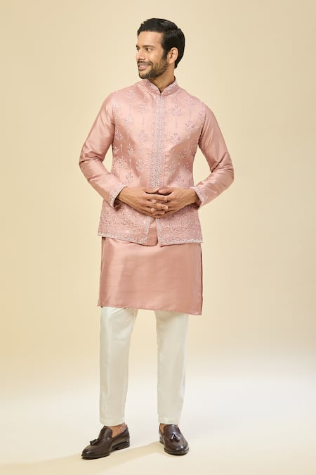 Buy_Rng Safawala_Pink Muslin, Silk Embroidery, Beads, Sequins Nehru Jacket Set 