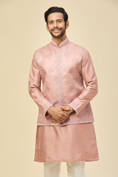 Shop_Rng Safawala_Pink Muslin, Silk Embroidery, Beads, Sequins Nehru Jacket Set 