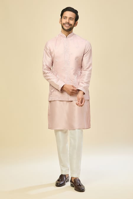 Buy_Rng Safawala_Pink Muslin, Silk Sequins, Embroidery Nehru Jacket Set _Online_at_Aza_Fashions