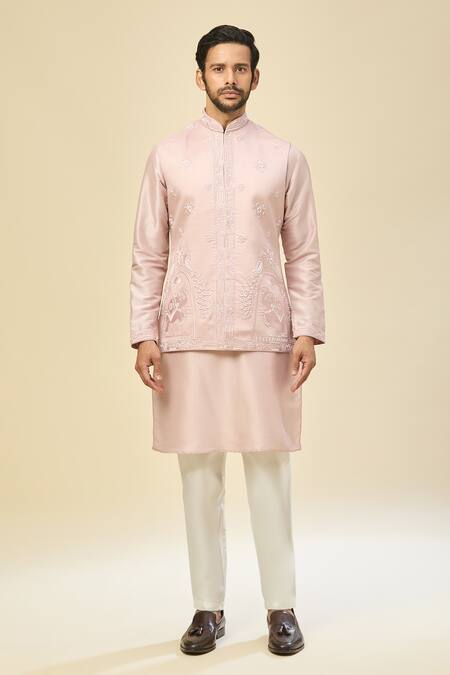 Buy_Rng Safawala_Pink Muslin, Silk Sequins, Embroidery Nehru Jacket Set 