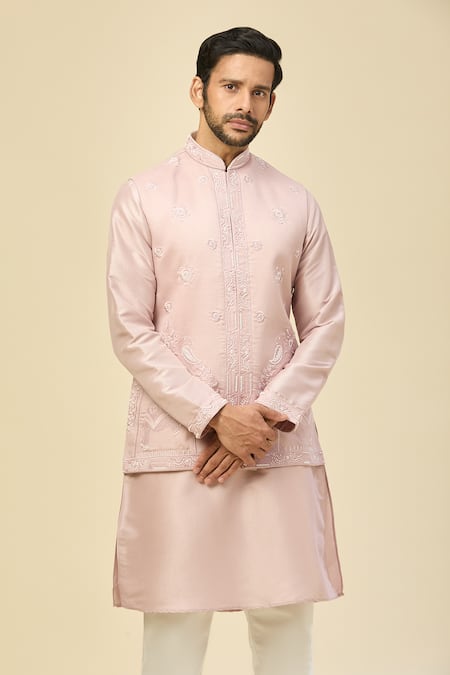 Shop_Rng Safawala_Pink Muslin, Silk Sequins, Embroidery Nehru Jacket Set 
