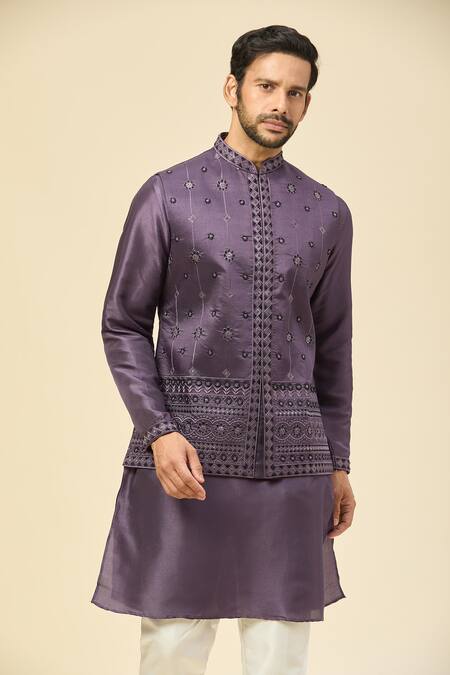 Buy_Rng Safawala_Purple Muslin, Silk Embroidery Nehru Jacket Set _Online_at_Aza_Fashions