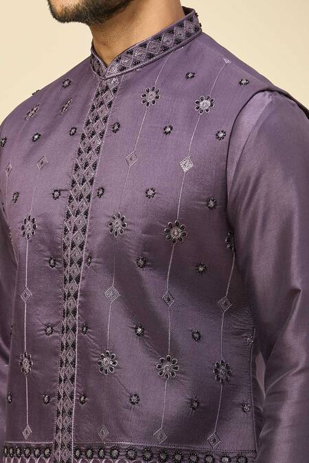 Buy_Rng Safawala_Purple Muslin, Silk Embroidery Nehru Jacket Set 