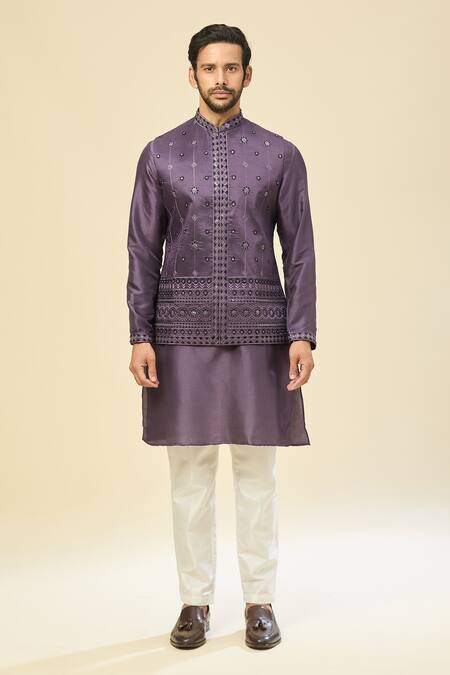 Shop_Rng Safawala_Purple Muslin, Silk Embroidery Nehru Jacket Set 
