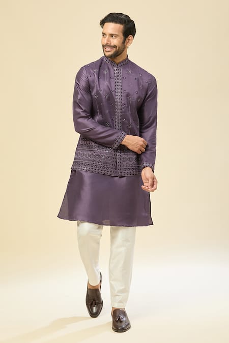 RNG Safawala Purple Muslin Silk Nehru Jacket Set 