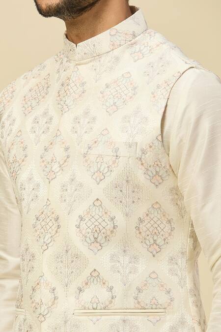 Rng Safawala Cream Silk Embroidery Raw Nehru Jacket Set at Aza Fashions Rng Safawala_Cream Silk Embroidery Raw Nehru Jacket Set _at_Aza_Fashions