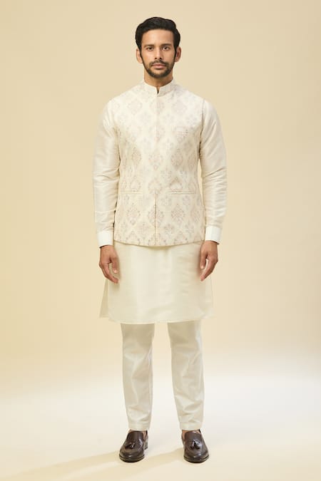 Buy Rng Safawala Cream Silk Embroidery Raw Nehru Jacket Set Buy_Rng Safawala_Cream Silk Embroidery Raw Nehru Jacket Set