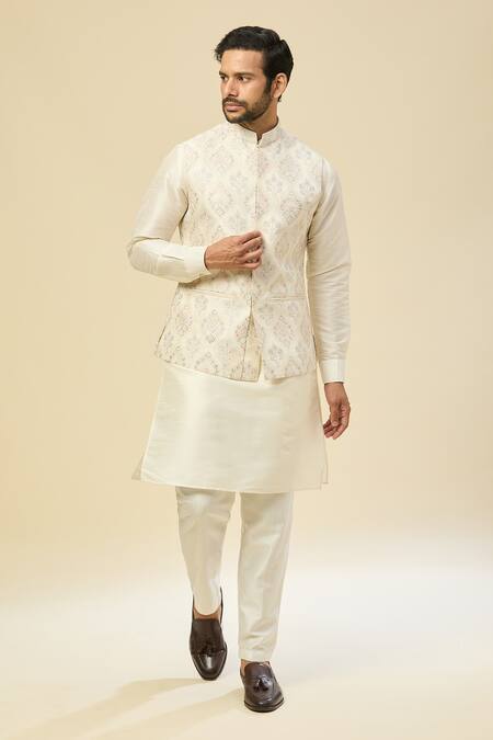 RNG Safawala Cream Raw Silk Nehru Jacket Set 