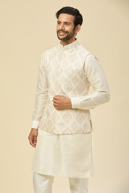 Shop Rng Safawala Cream Silk Embroidery Raw Nehru Jacket Set Shop_Rng Safawala_Cream Silk Embroidery Raw Nehru Jacket Set