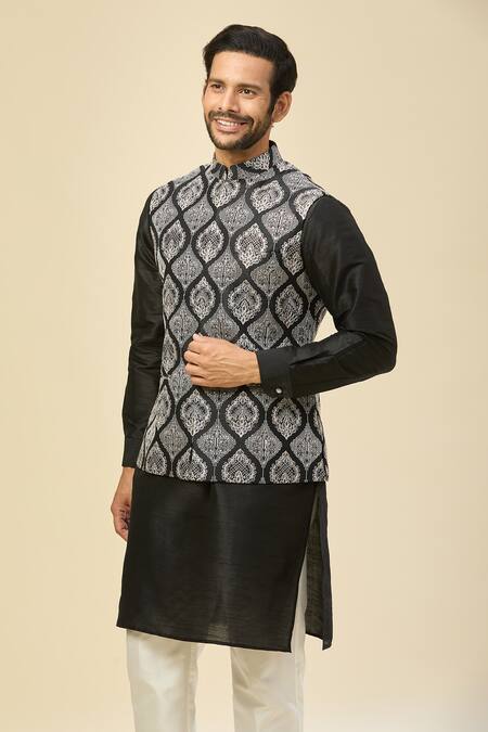 Buy_Rng Safawala_Black Silk Embroidery Raw Nehru Jacket Set _Online_at_Aza_Fashions