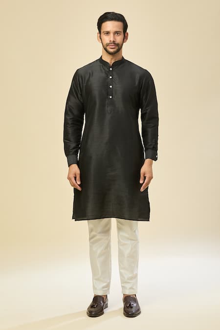 Rng Safawala_Black Silk Embroidery Raw Nehru Jacket Set _at_Aza_Fashions