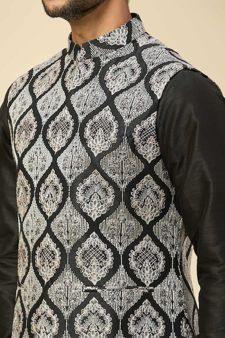 Buy_Rng Safawala_Black Silk Embroidery Raw Nehru Jacket Set 