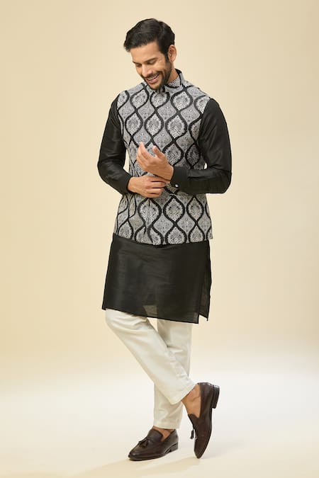 RNG Safawala Black Raw Silk Nehru Jacket Set 