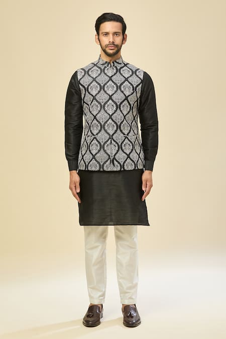 Shop_Rng Safawala_Black Silk Embroidery Raw Nehru Jacket Set 