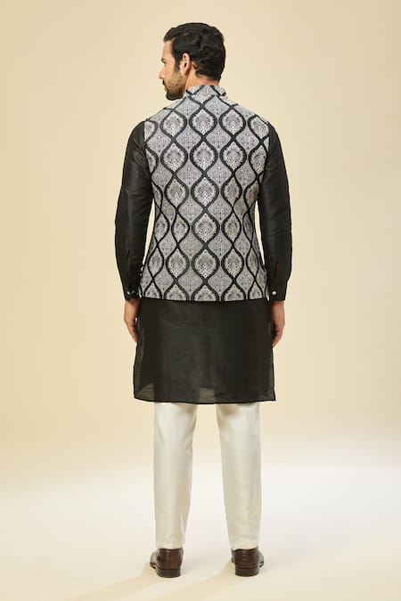 Rng Safawala_Black Silk Embroidery Raw Nehru Jacket Set _Online_at_Aza_Fashions