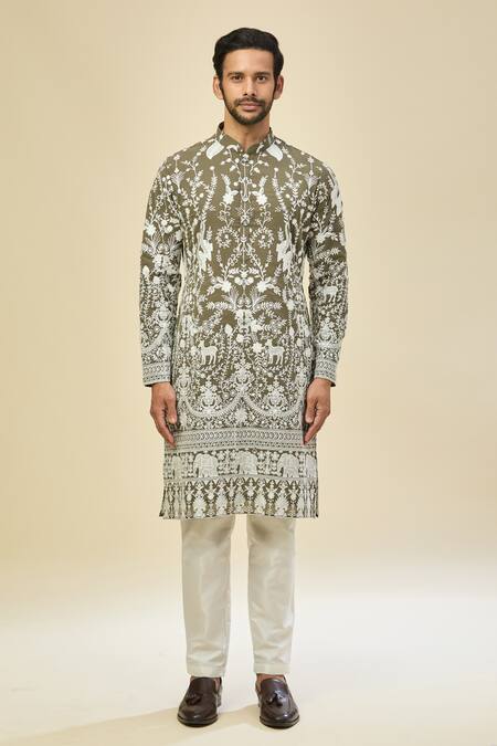 Shop_Rng Safawala_Green Georgette, Silk Embroidery Kurta Set