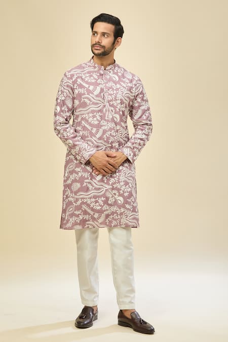 Rng Safawala_Pink Crepe, Silk Embroidery Kurta Set _at_Aza_Fashions