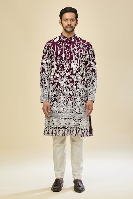 Shop_Rng Safawala_Wine Georgette, Silk Embroidery Kurta Set _Online_at_Aza_Fashions