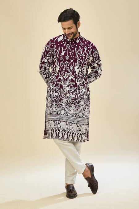 Rng Safawala_Wine Georgette, Silk Embroidery Kurta Set _at_Aza_Fashions