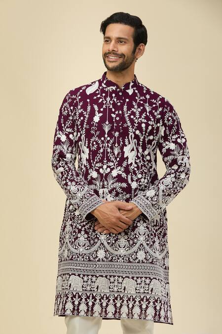Buy_Rng Safawala_Wine Georgette, Silk Embroidery Kurta Set 