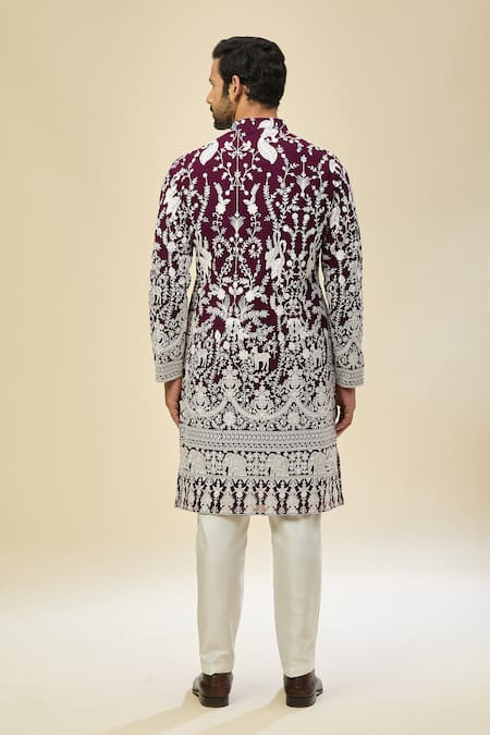 Rng Safawala_Wine Georgette, Silk Embroidery Kurta Set _Online_at_Aza_Fashions