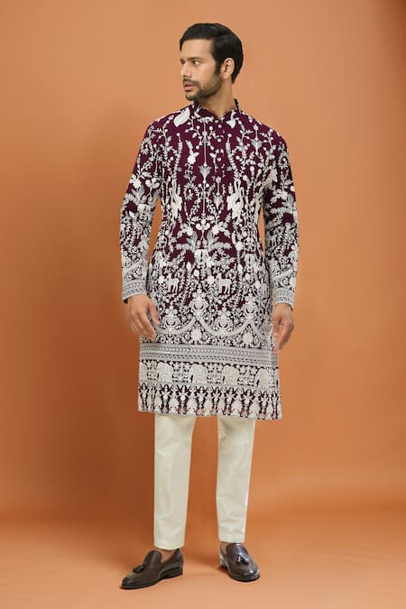 RNG Safawala Wine Georgette, Silk Embroidery Kurta Set 