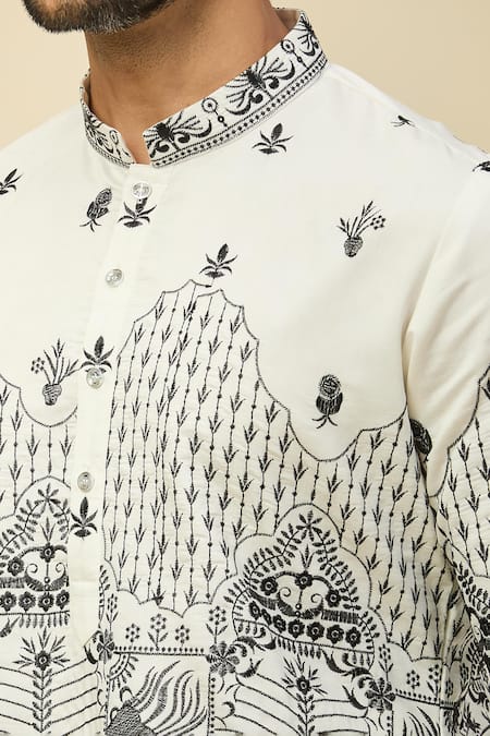 Rng Safawala_White Silk Embroidery Dupion Kurta Set_at_Aza_Fashions