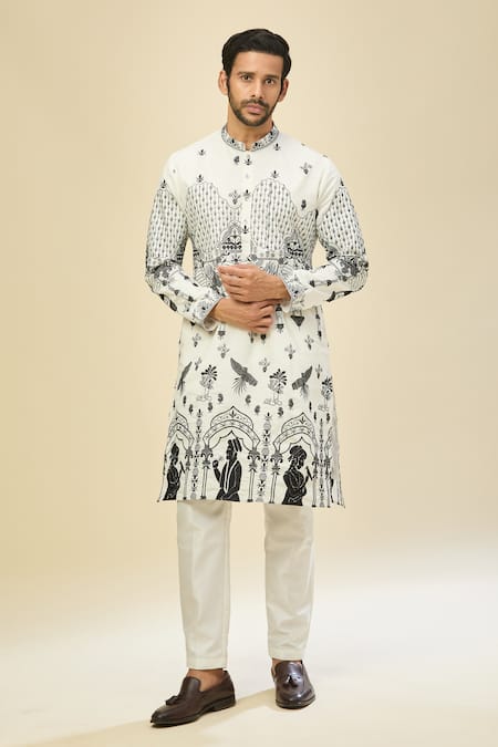 Shop_Rng Safawala_White Silk Embroidery Dupion Kurta Set
