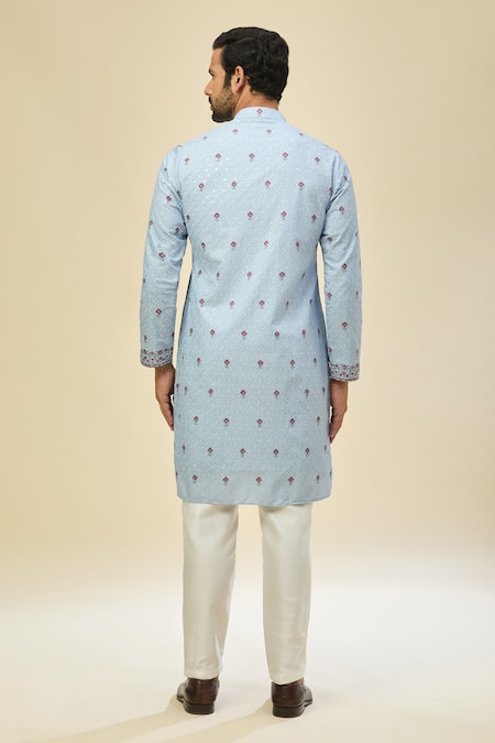 Rng Safawala_Blue Crepe, Silk Embroidery Kurta Set _Online_at_Aza_Fashions
