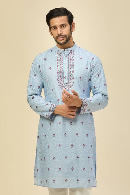 Shop_Rng Safawala_Blue Crepe, Silk Embroidery Kurta Set _Online_at_Aza_Fashions