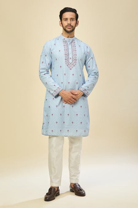 Rng Safawala_Blue Crepe, Silk Embroidery Kurta Set _at_Aza_Fashions