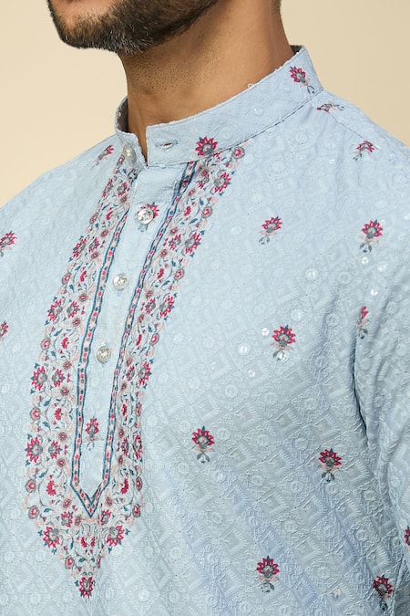 Shop_Rng Safawala_Blue Crepe, Silk Embroidery Kurta Set 