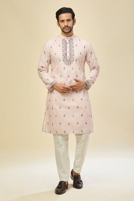 Shop Rng Safawala Peach Crepe, Silk Embroidery Kurta Set Shop_Rng Safawala_Peach Crepe, Silk Embroidery Kurta Set
