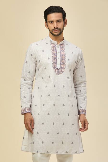 Rng Safawala_White Crepe, Silk Embroidery Kurta Set _at_Aza_Fashions