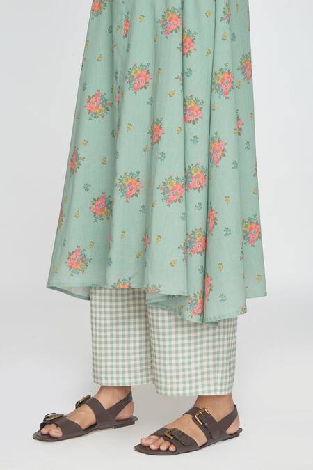 Sinjhar_Teal Cotton V-neck Dull Floral Printed Kurta Set _Online_at_Aza_Fashions