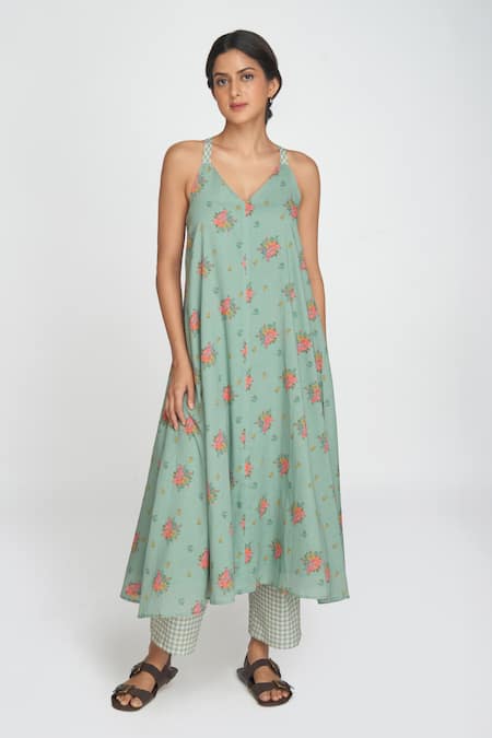 Sinjhar Teal Cotton V-neck Dull Floral Printed Kurta Set 
