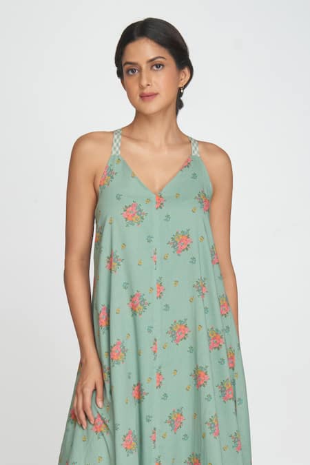 Shop_Sinjhar_Teal Cotton V-neck Dull Floral Printed Kurta Set _Online_at_Aza_Fashions