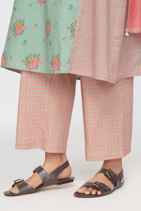 Shop_Sinjhar_Teal Cotton, Chanderi Embroidery Split V-neck Dull Floral Kurta Set _Online_at_Aza_Fashions