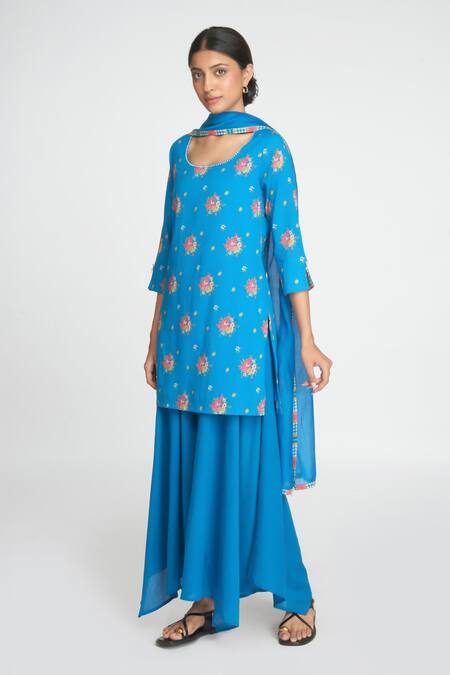 Buy Sinjhar Blue Cotton, Chanderi Embroidery Round Neck Floral Printed Kurta Set Online at Aza Fashions Buy_Sinjhar_Blue Cotton, Chanderi Embroidery Round Neck Floral Printed Kurta Set _Online_at_Aza_Fashions
