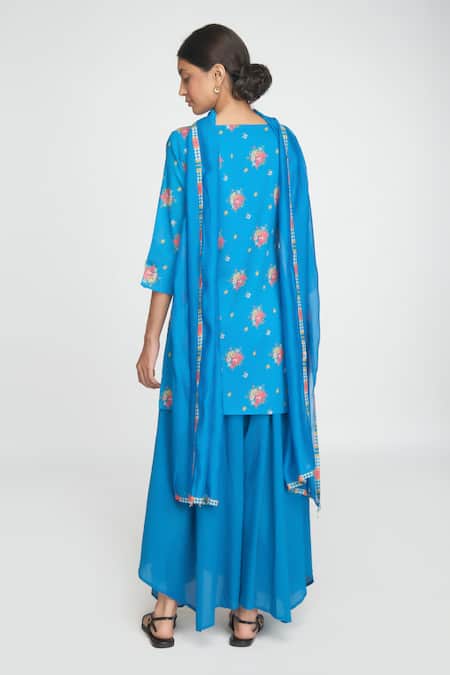 Shop Sinjhar Blue Cotton, Chanderi Embroidery Round Neck Floral Printed Kurta Set at Aza Fashions Shop_Sinjhar_Blue Cotton, Chanderi Embroidery Round Neck Floral Printed Kurta Set _at_Aza_Fashions