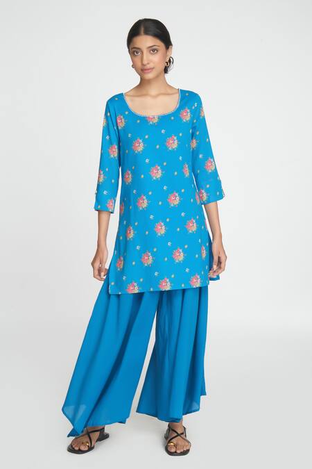 Shop Sinjhar Blue Cotton, Chanderi Embroidery Round Neck Floral Printed Kurta Set Online at Aza Fashions Shop_Sinjhar_Blue Cotton, Chanderi Embroidery Round Neck Floral Printed Kurta Set _Online_at_Aza_Fashions