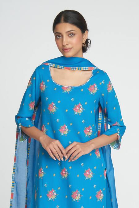 Sinjhar Blue Cotton, Chanderi Embroidery Round Neck Floral Printed Kurta Set at Aza Fashions Sinjhar_Blue Cotton, Chanderi Embroidery Round Neck Floral Printed Kurta Set _at_Aza_Fashions