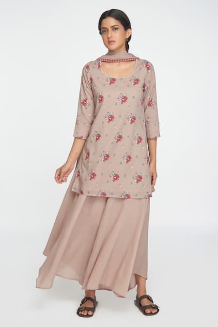 Sinjhar Beige Cotton, Chanderi Embroidery Keyhole Neck Floral Print Kurta Set 