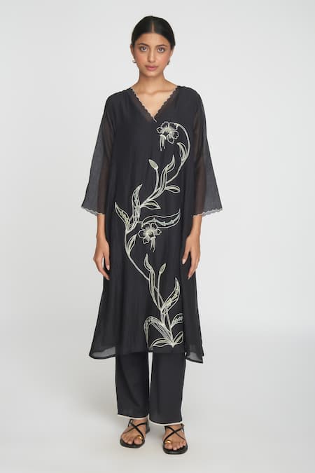 Shop_Sinjhar_Black Chanderi, Cotton Embroidery V-neck Kurta Set _Online_at_Aza_Fashions