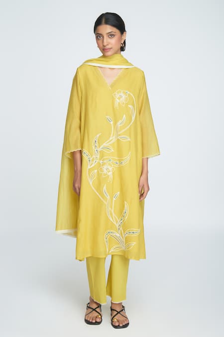 Sinjhar Yellow Chanderi, Cotton Embroidery V-neck Kurta Set 